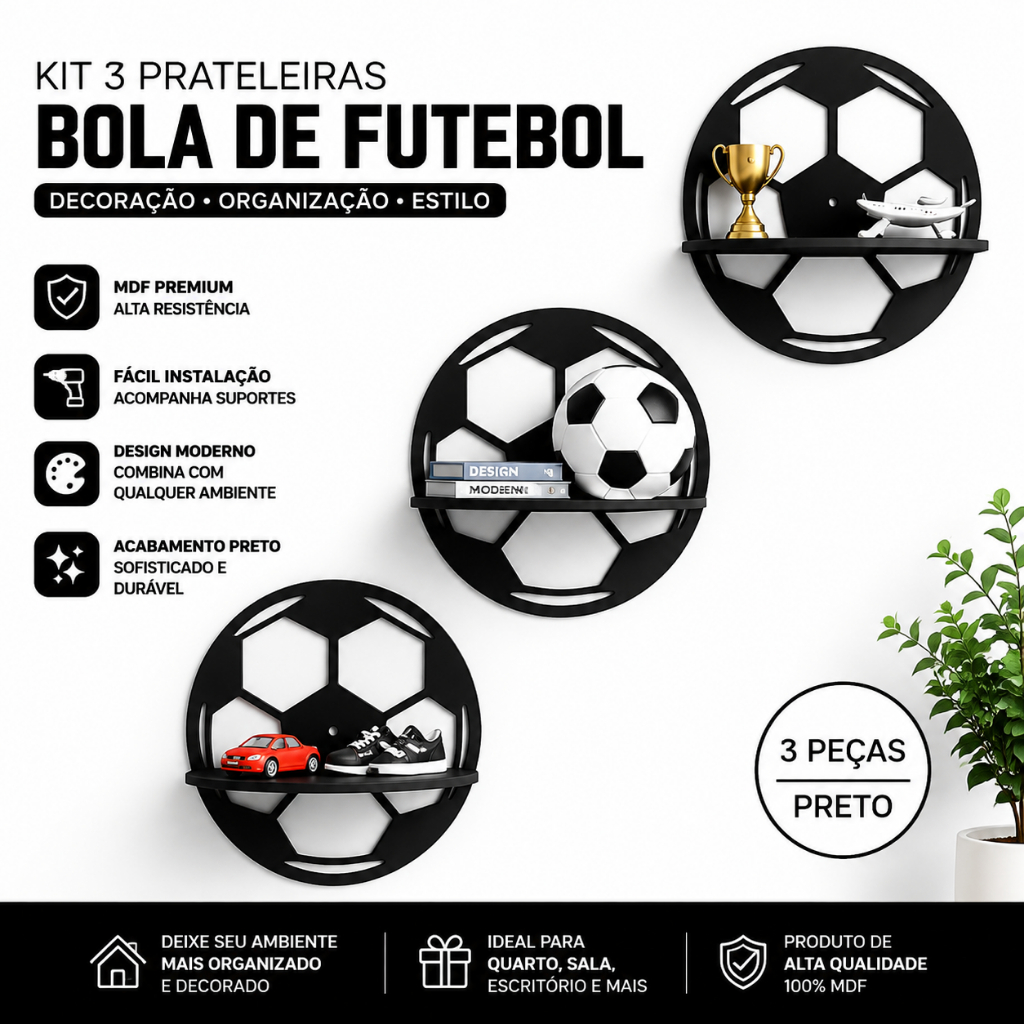 Kit 3 Prateleiras Parede Redonda Bola De Futebol MDF 3mm