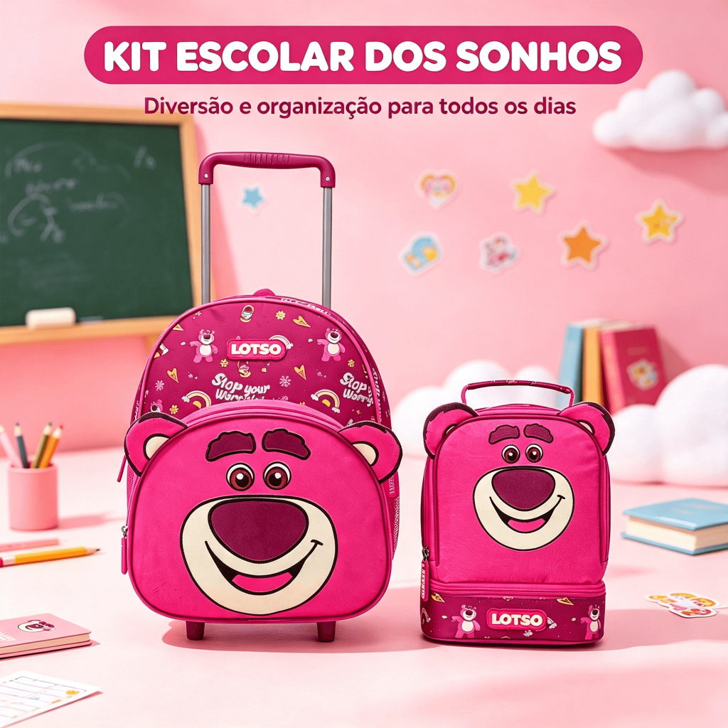 Kit Mochila Rodinhas Lancheira Infantil Lotso Toy Story Escolar
