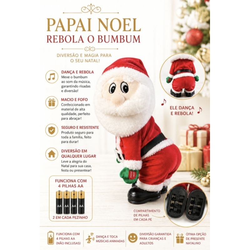 Papai Noel Dançarino Rebola o Bumbum 27cm Musical – Enfeite Natalino Divertido Decoração de Natal