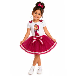 Conjunto para Meninas com Saia de Tule com Glitter e Body Estampado Marcha com Laços na Gola - Tamanho 1 ao 10