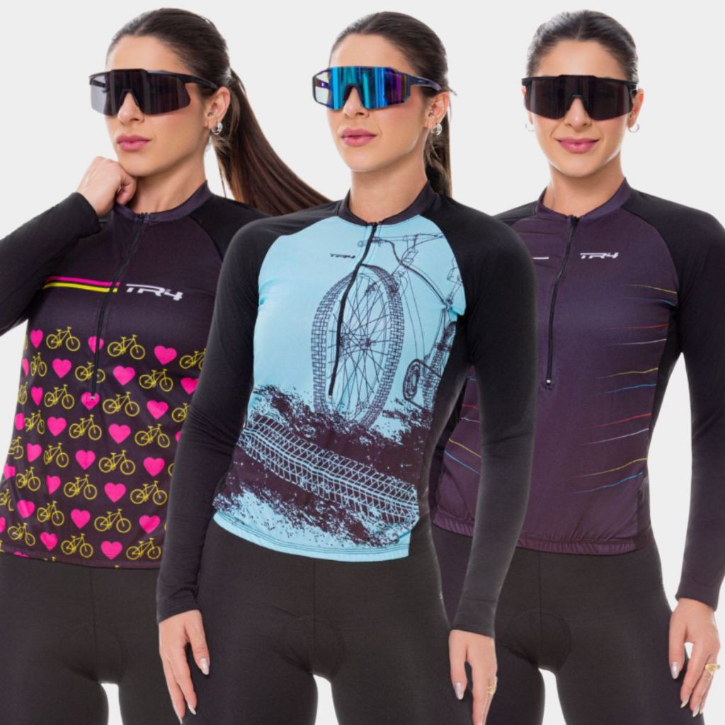 Camisa de Ciclismo Blusa Bike Roda Rosa Feminina Manga Longa