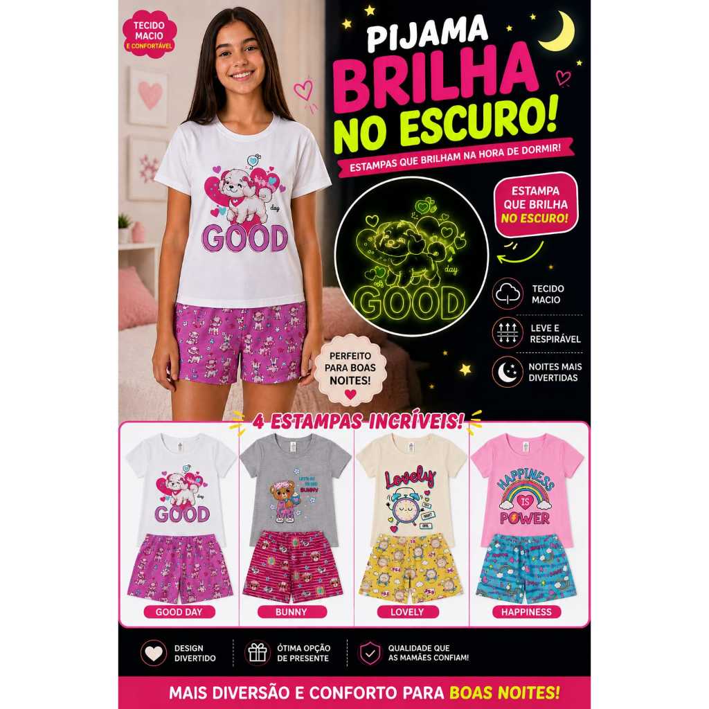 Pijama Infantil Juvenil Feminino Brilha no Escuro Camiseta e Shorts Algodão 10 ao 16