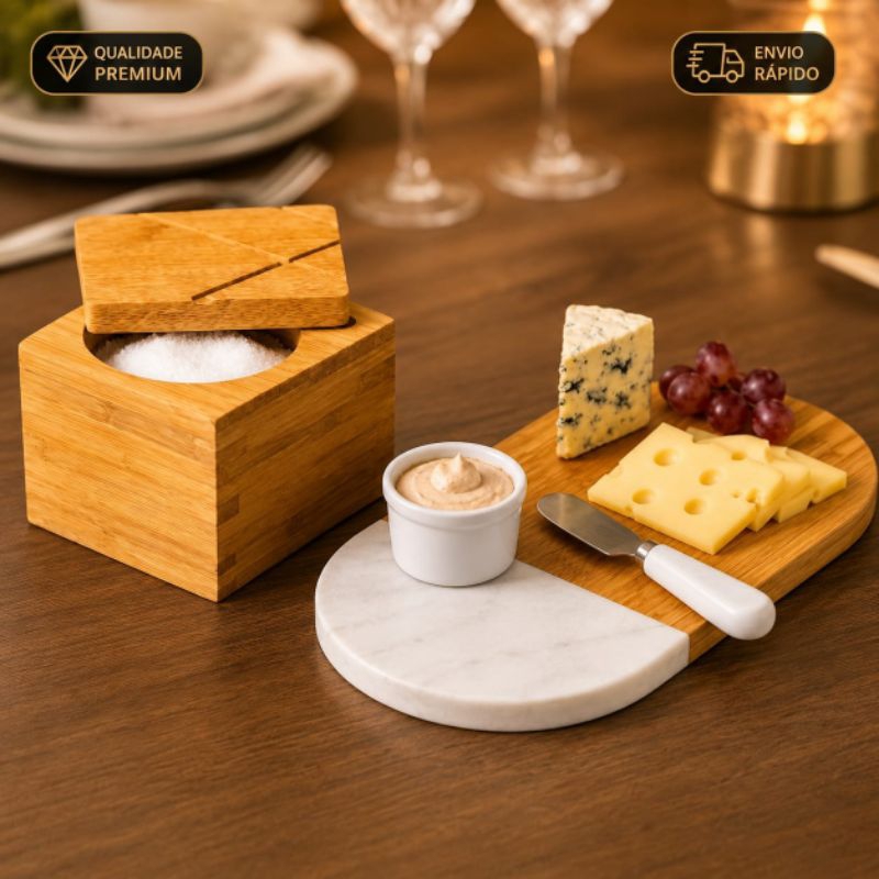 Kit Petisqueira de Bambu com Saleiro e Tampa | Ideal para Frios, Queijos, Churrasco, Aperitivos e Mesa Posta