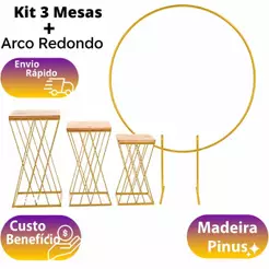 Kit 3 Mesas Em Ferro Treliça Cruzada + Painel Arco Redondo Desmontável Decoração de Festa Promoção