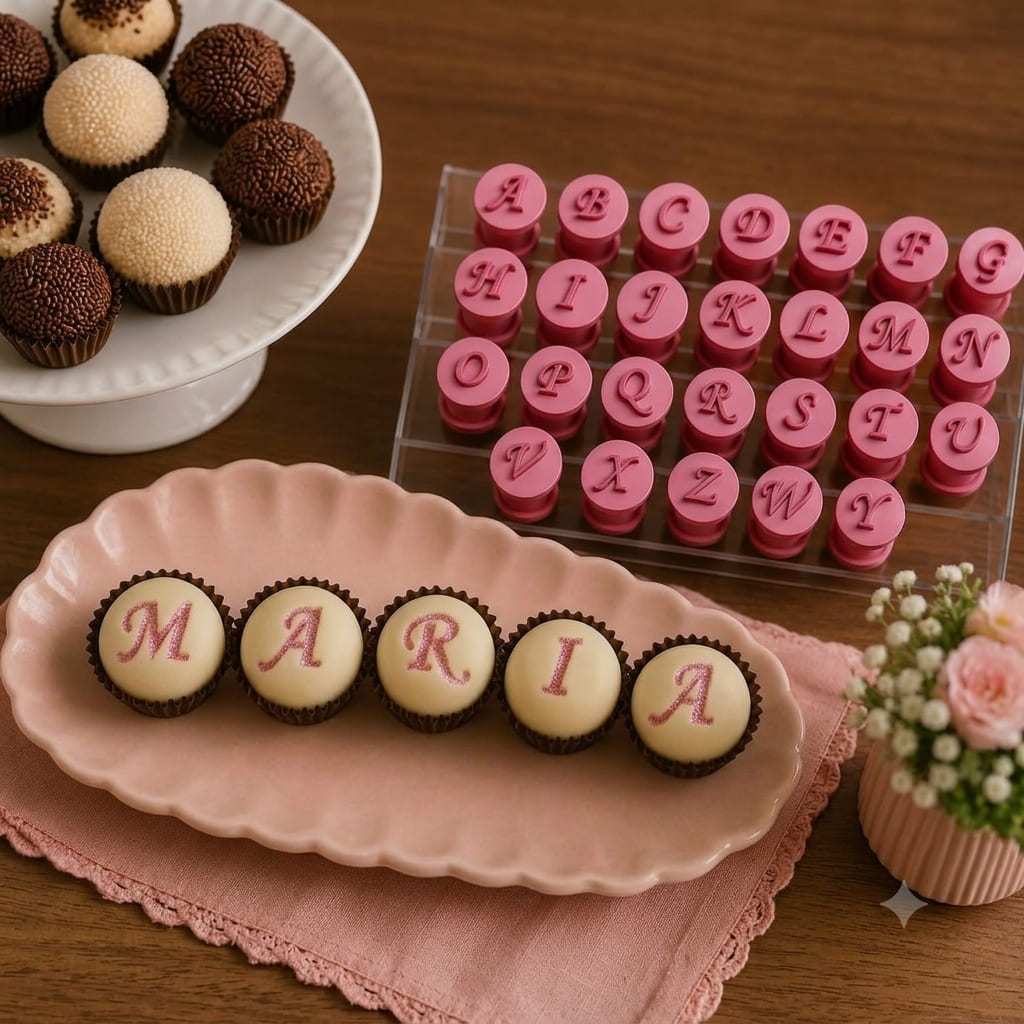 Kit Carimbo Letras Alfabeto p/ Brigadeiro e Marcador Confeitaria Docinhos Doce Gourmet