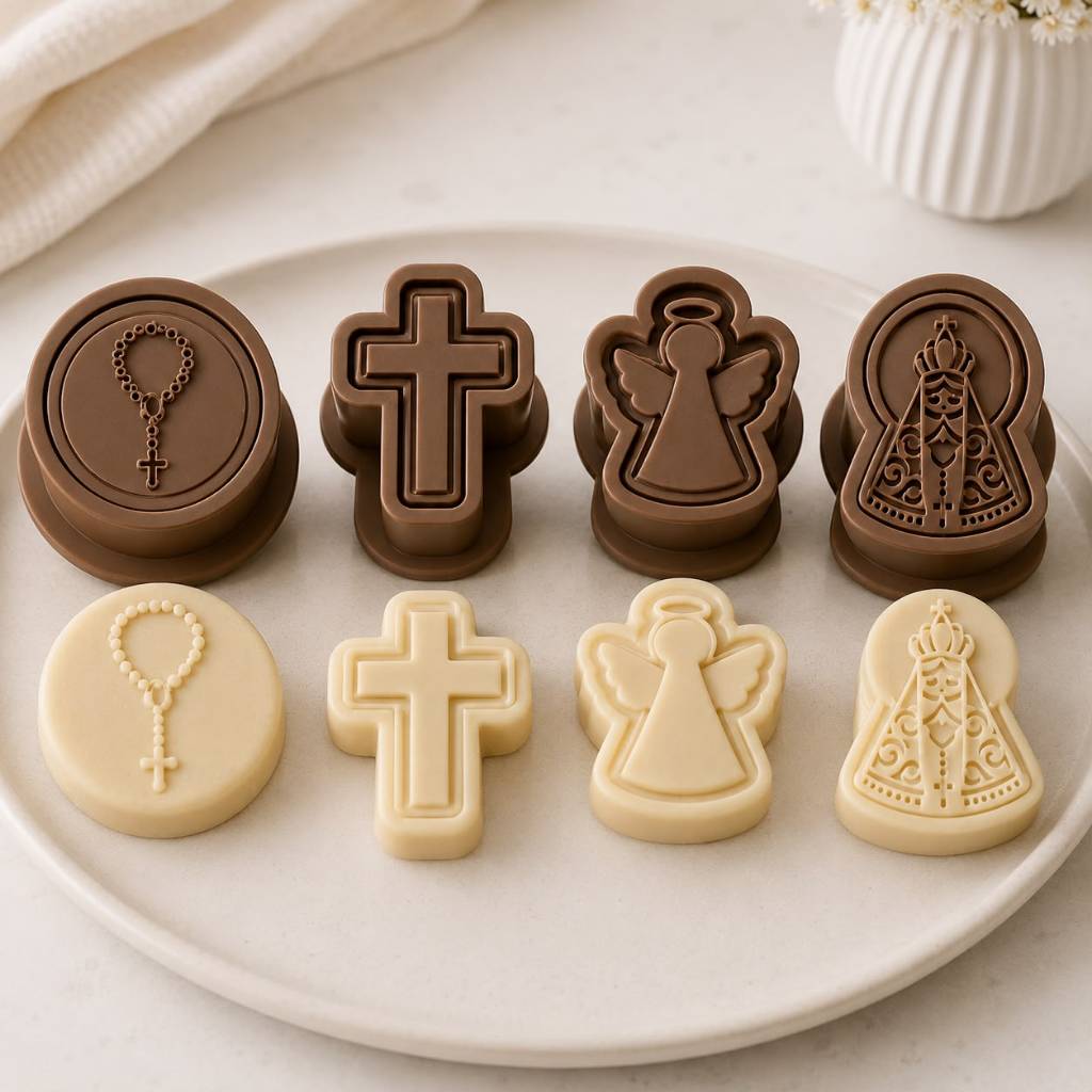 Kit Ejetor Religioso para Brigadeiro e Doces 4 Peças Terço Cruz Anjo Nossa Senhora Aparecida Confeitaria
