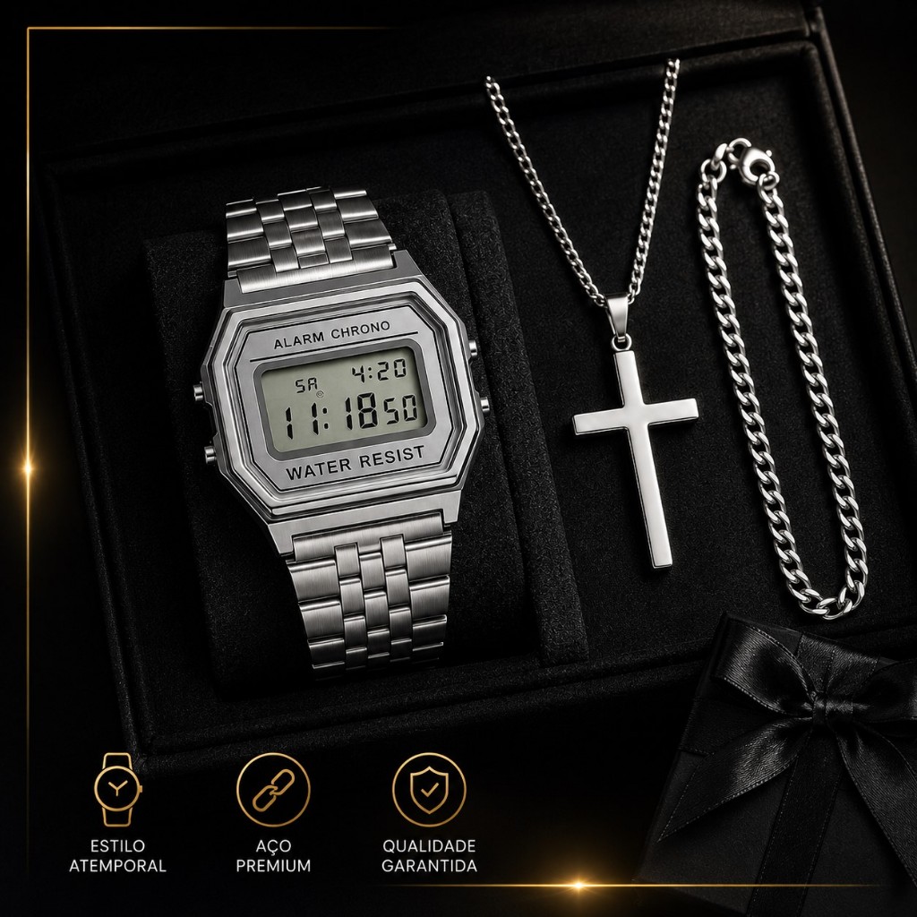 Kit Relógio Retrô + Correntinha de 60cm  + Crucifixo Masculino Aço Inox + Pulseira Oferta Imperdível