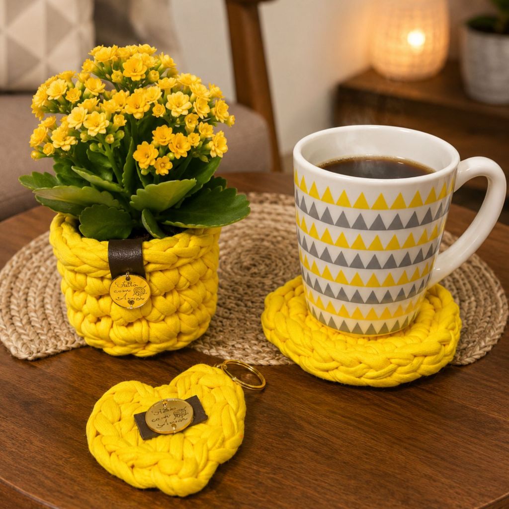 Kit Trama & Afeto 5 peças Personalizado Fio de Malha Artesanal - Minicachepô, Porta Xícara, Caneca, Chaveiro e Caixa
