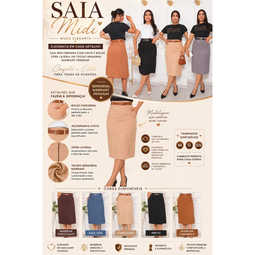 Saia Midi Feminina Moda Elegante Com Cinto E Bolso Ziper Lateral Em Tecido Sensorial Marrant Premium