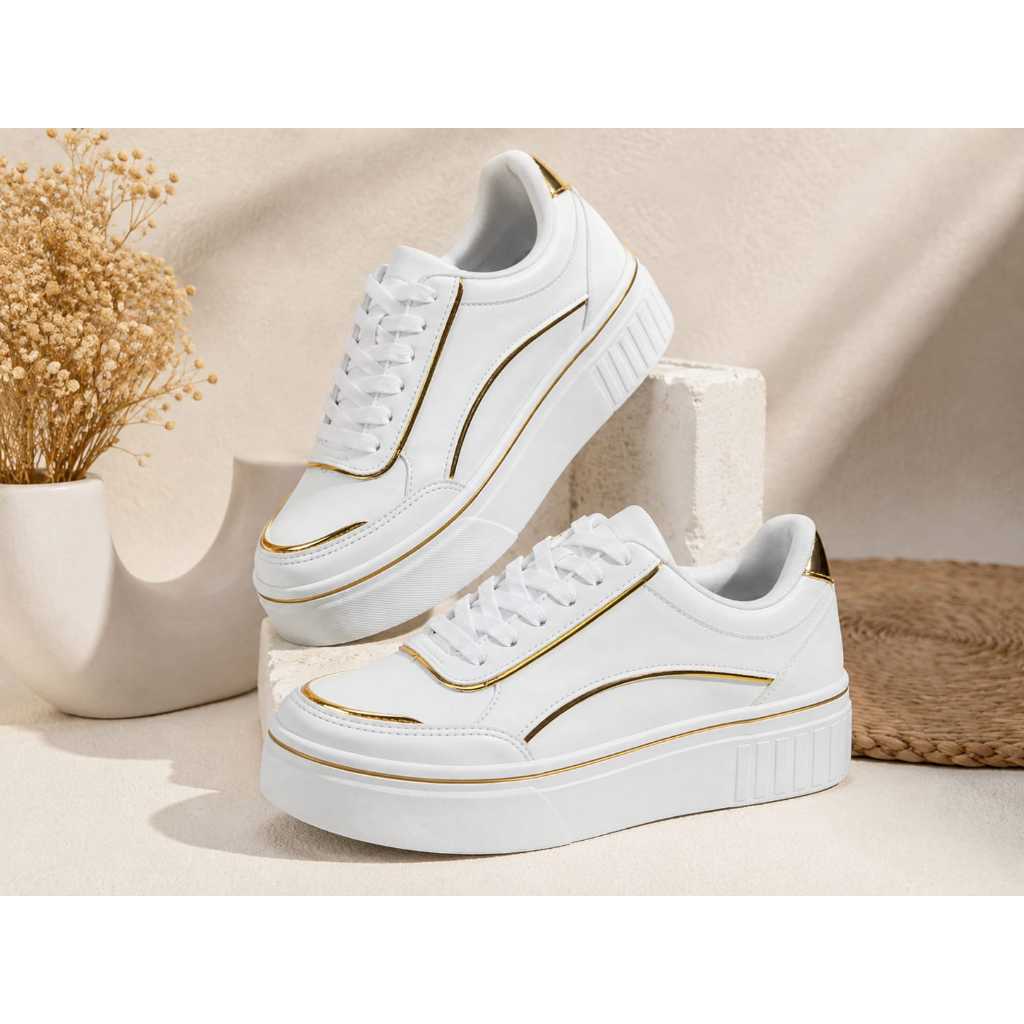 Tênis Feminino Branco com Detalhes Dourados Plataforma Casual Confortável