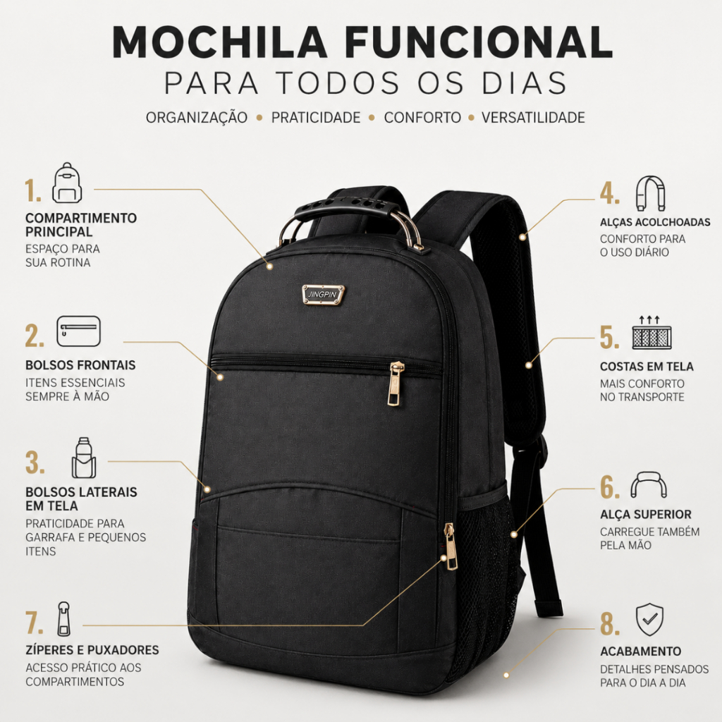 Mochila Notebook 15’ Casual Preta Pequena Alça Aço Escolar Faculdade Escola Passeio Leve Confortável Masculina
