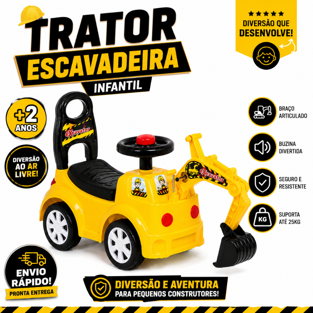 Carrinho de Passeio Infantil Trator Gigante Escavadeira Retroescavadeira de Brinquedo Luz e Som
