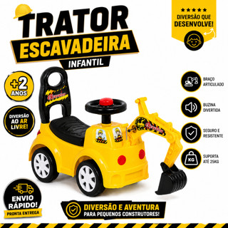 Carrinho de Passeio Infantil Trator Gigante Escavadeira Retroescavadeira de Brinquedo Luz e Som