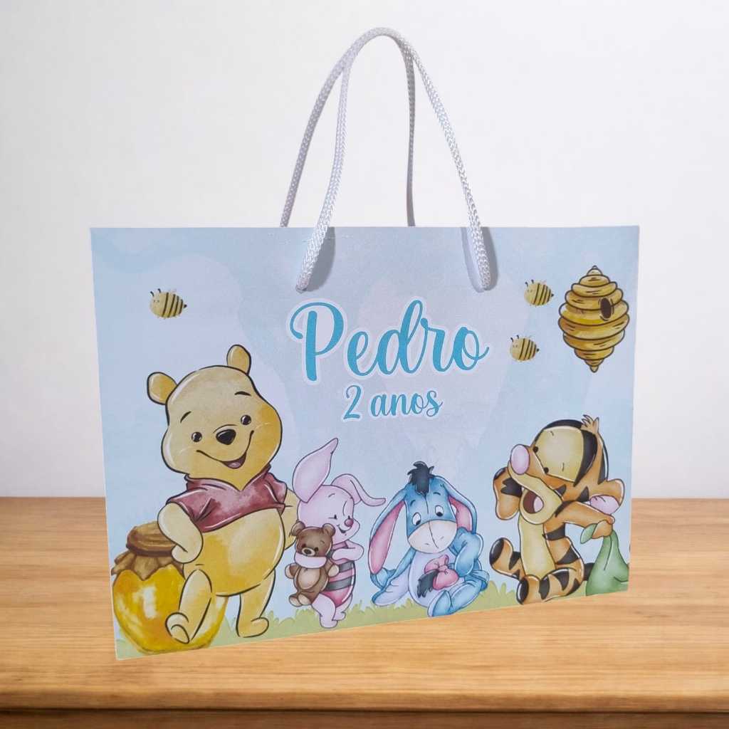 Sacolinha URSINHO POOH AQUARELA AZUL personalizada | Lembrancinha Festa Infantil