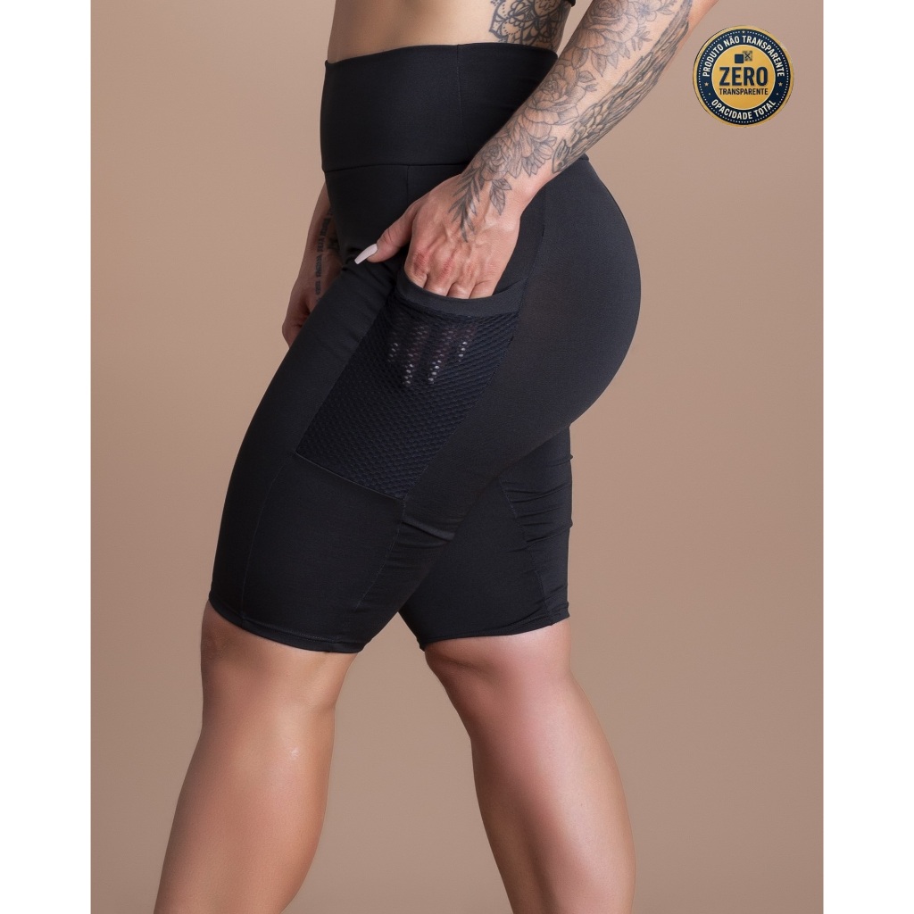 Bermuda Fitness Feminina Ciclista Bolso Lateral Tela Moda Academia Treino ZERO TRANSPARÊNCIA