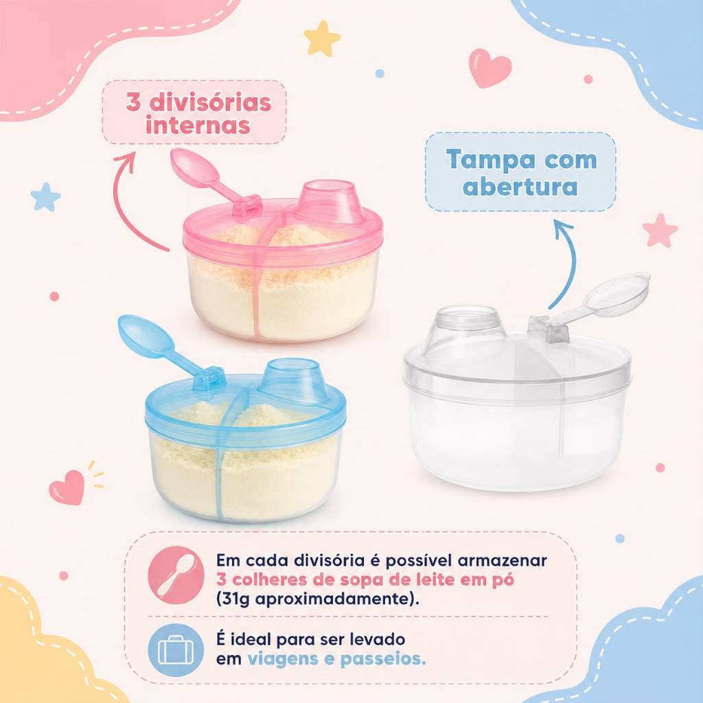Porta Leite em Pó com 3 Divisórias – Prático, Higiênico e Ideal para Passeios, Porta Chocolate
