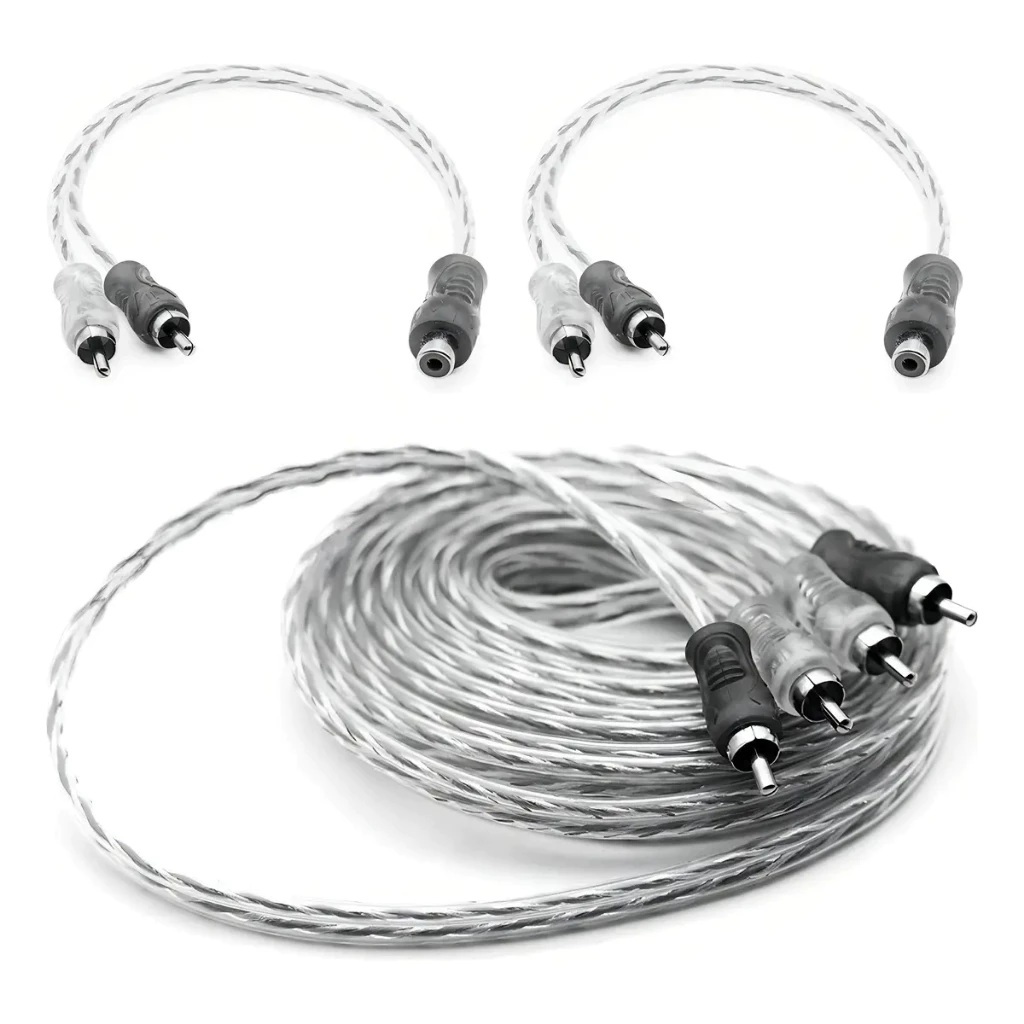 Kit Cabo RCA 5m + 2y Dupla Svart TechOne Com Dupla Blindagem E Conectores Banhados A Níquel Para Som Automotivo Preto