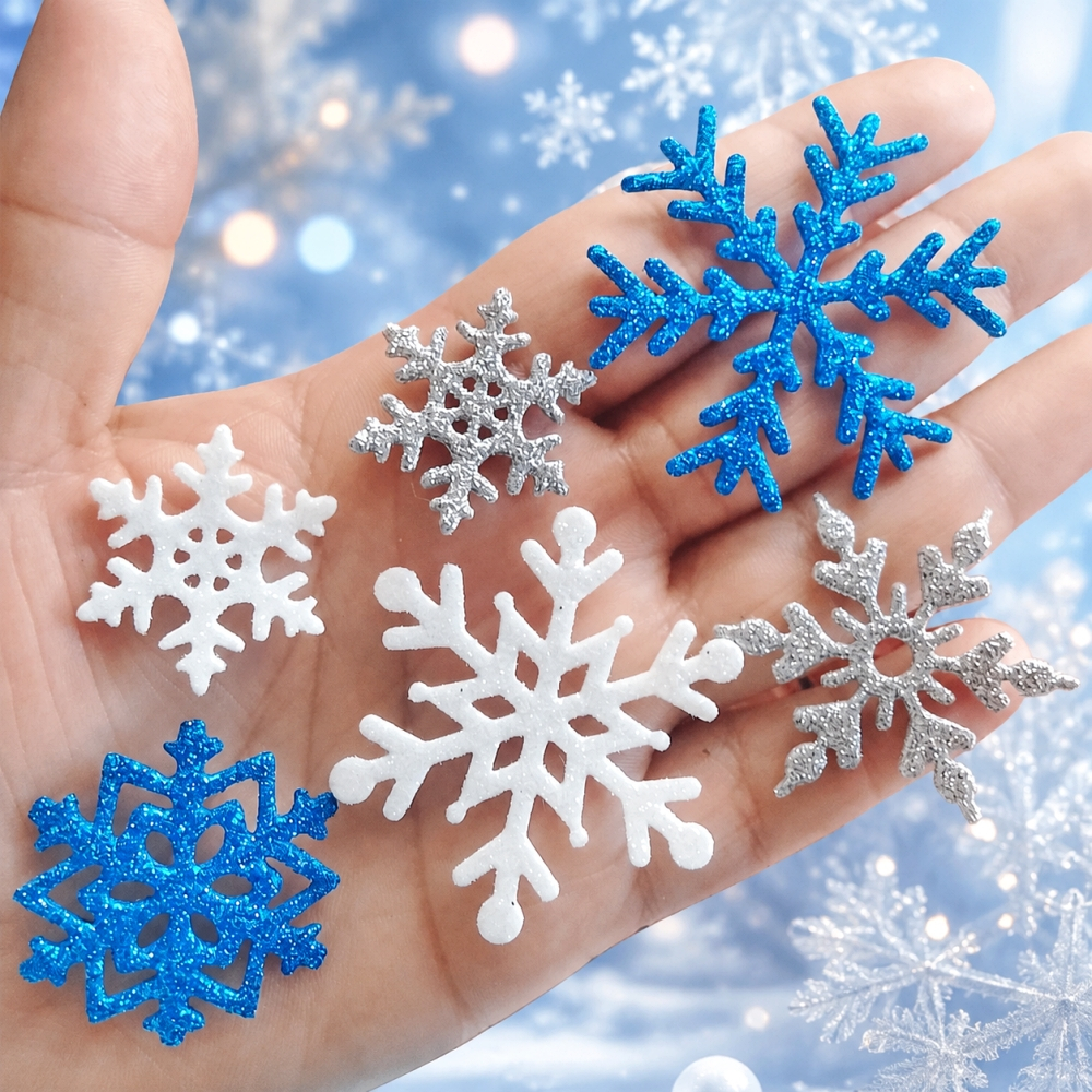 Apliques Flocos de Neve em EVA com Glitter | Azul Branco e Prata | Festa Frozen Inverno