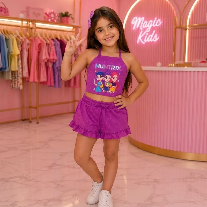 Conjunto Infantil Menina  e Short Roxo com Babado Guerreiras do k-pop