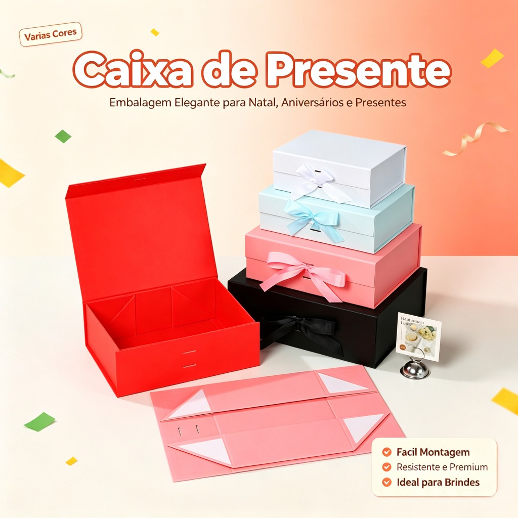 Caixa Presente Magnética Dobrável 6 Cores 4 Tamanhos , Embalagem Luxo para Aniversário, Casamento e Natal com Laço