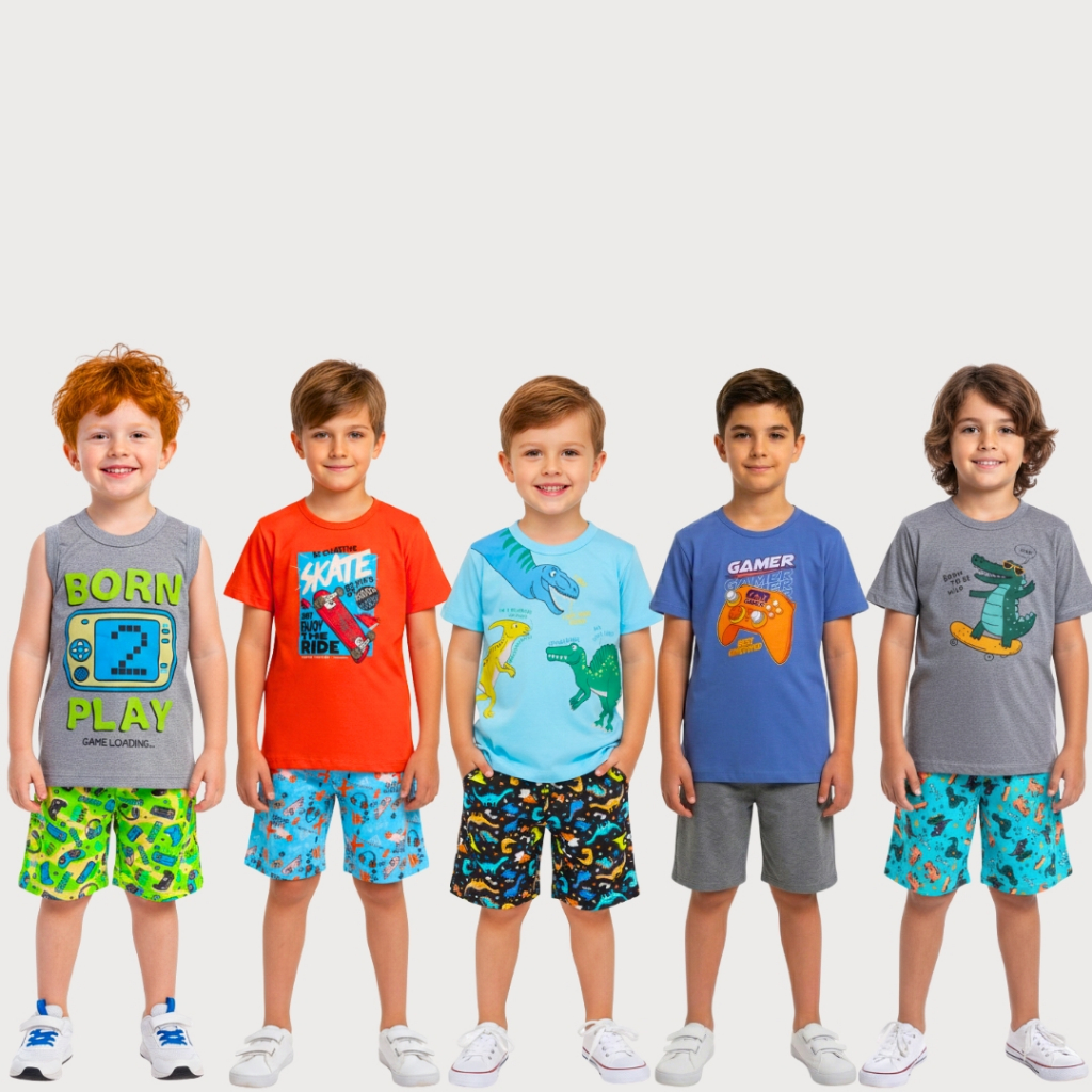 Kit 4 Peças Infantis Menino Verão Conjunto Infantil Masculino Calor 2 Camisa Regata 2 Bermuda 1 a 16