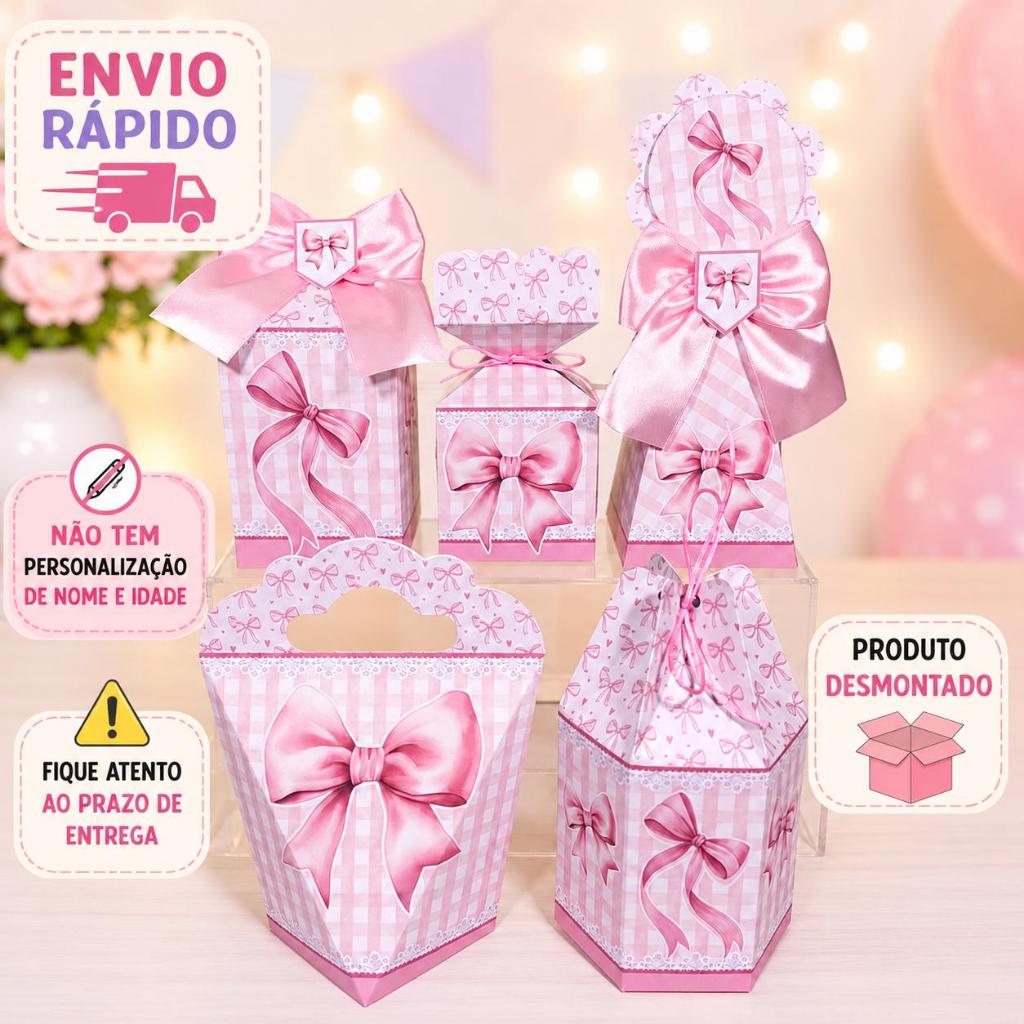 kit Caixinhas Personalizadas para Festa LAÇOS ROSA Lembrancinhas de Aniversário Decoração DESMONTADO.