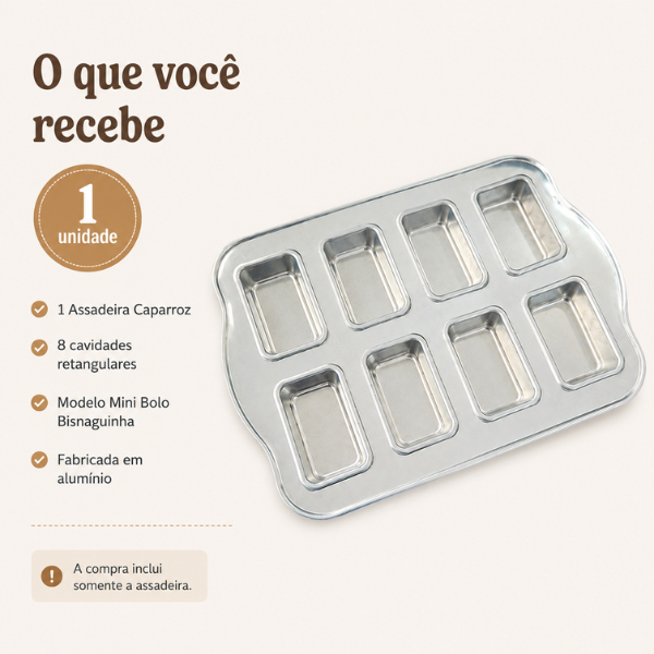 Assadeira para Mini Bolo Retangular Bisnaguinha 8 Cavidades Caparroz Alumínio 39x27,5x3cm Forma para Mini Bolos Brownies — imagem 2 de 2