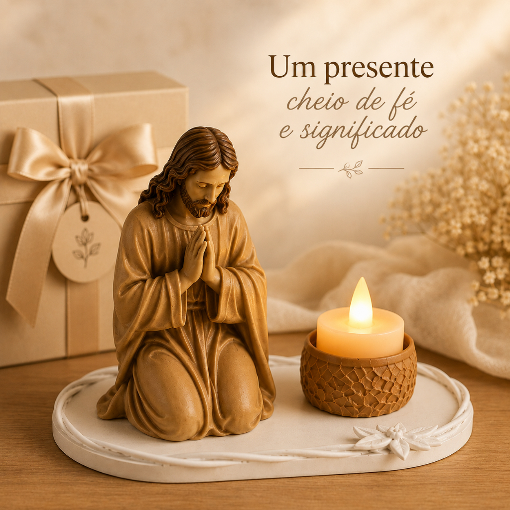 Kit Jesus Orando com Vela LED e Bandeja Decorativa | Presente Religioso Católico | Cantinho de Oração