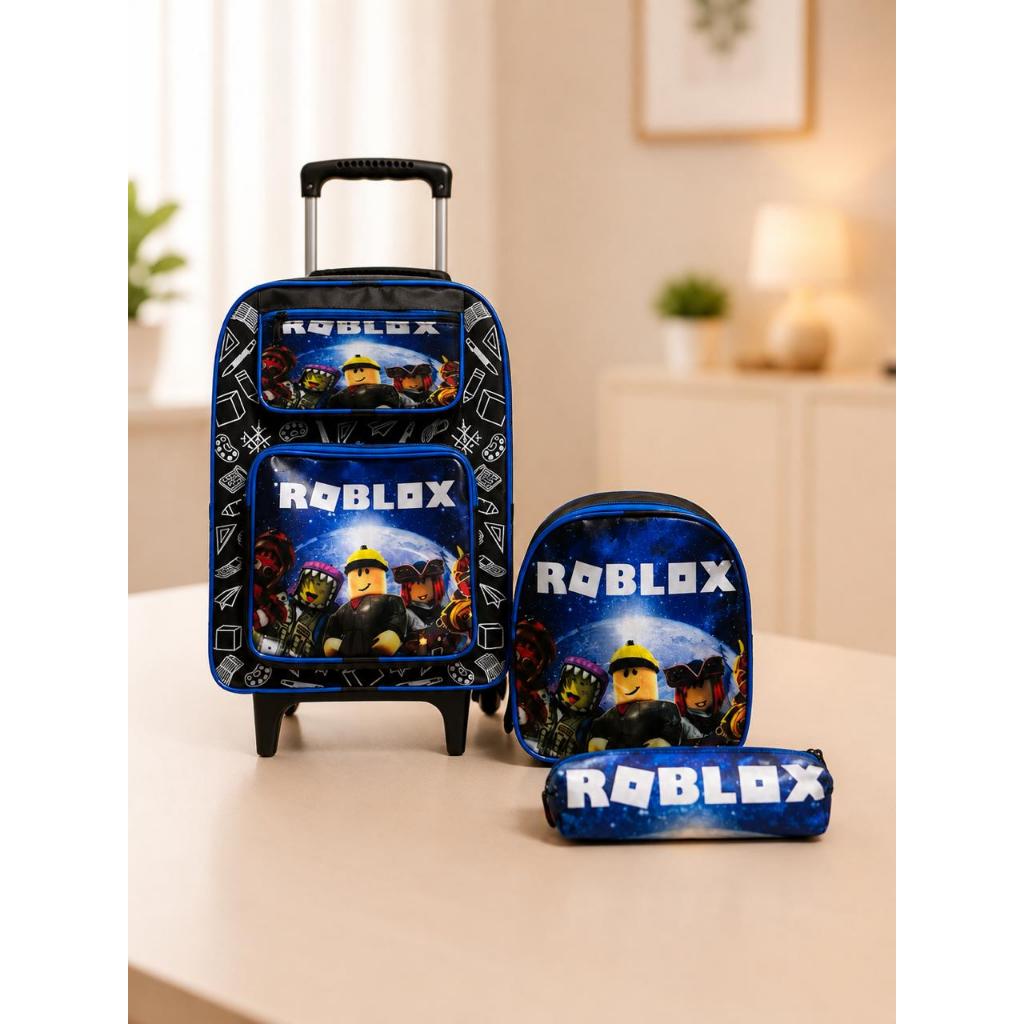 Kit Mochila Infantil Grande de Rodinhas + Lancheira + Estojo Escolar Menino Roblox
