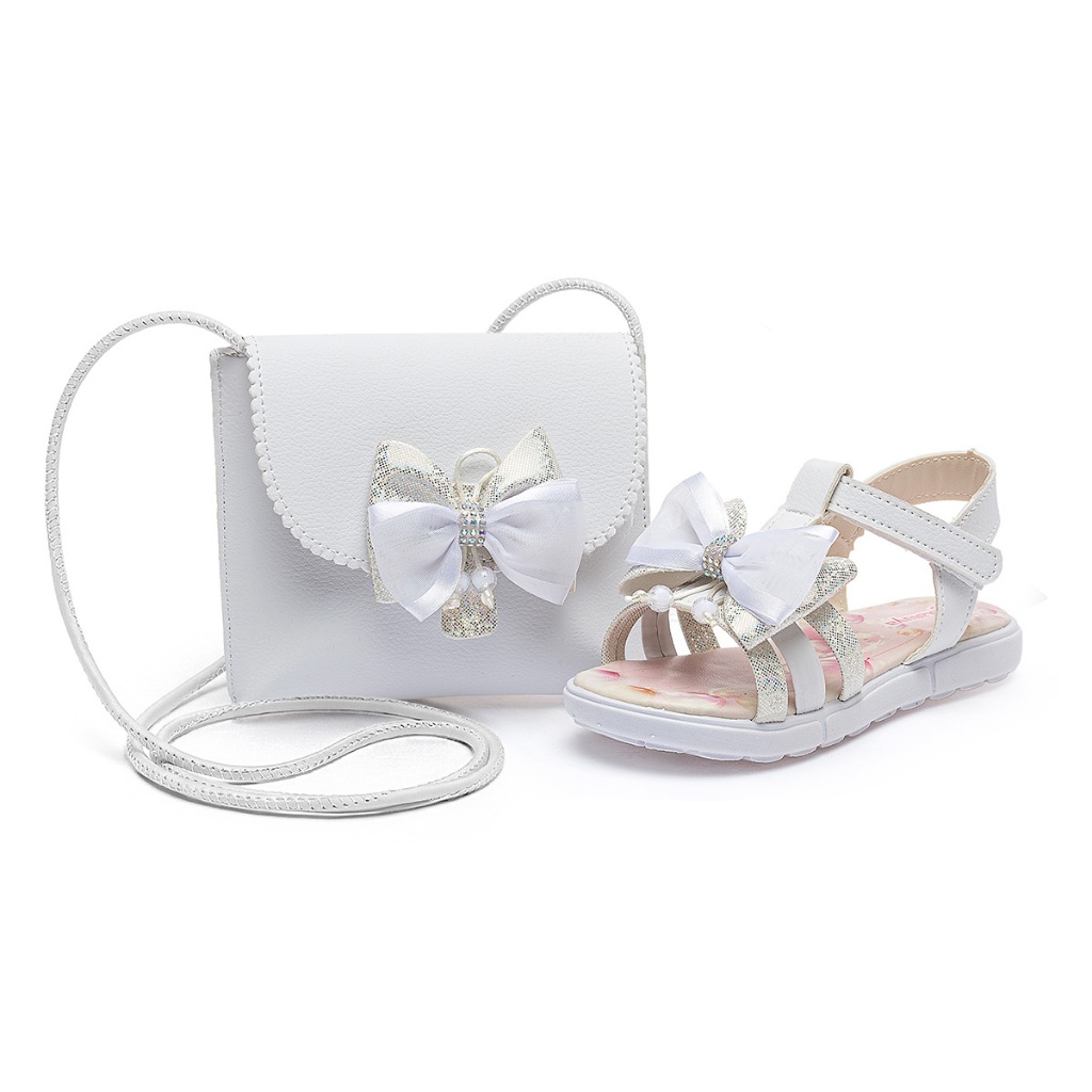 Kit Sandália Feminina Infantil Rasteira Confortável Laço Branco Branco Com Bolsa BB&Kids