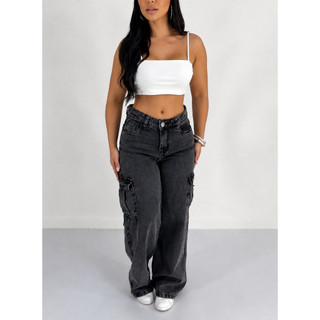 Calça Jeans Feminina Wide Leg Cargo Grafite 34 AO 44