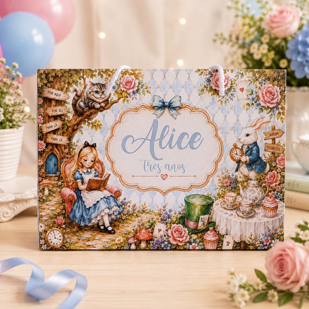 Sacolinha  Alice no pais das Maravilhas Personalizada | Lembrancinha Aniversário Infantil | Sacola Surpresa Festa