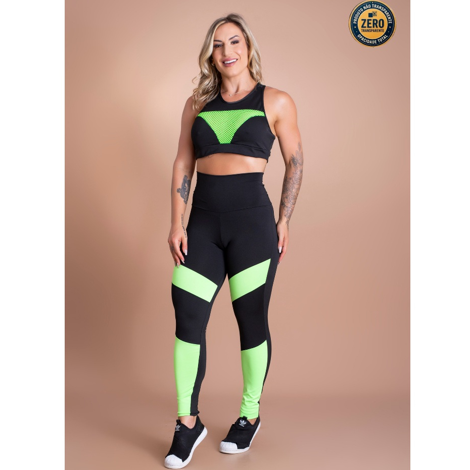 Conjunto Fitness Feminino Calça Legging E Top Tela Sustentação Moda Treino Academia ZERO TRANSPARÊNCIA