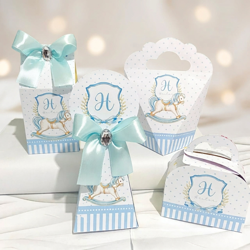 Kit Caixas Personalizadas CAVALINHO DE BALANÇO AZUL Lembrancinhas Festa Maternidade Aniversário Chá de Bebê Desmontadas