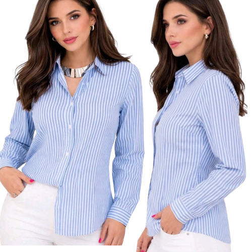 Camisa Feminina Social e Casual em Crepinho, Manga Longa com Botões, Elegante e Versátil, Lisa e Listrada, — imagem 2 de 2