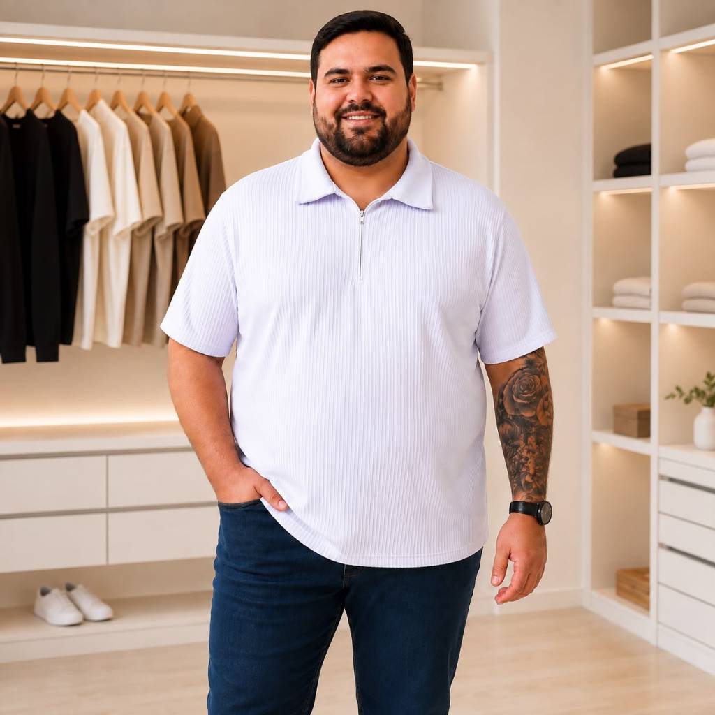 Blusa Masculina Plus Size Gola Polo com Zíper Tecido Texturizado Manga Curta M ao G2