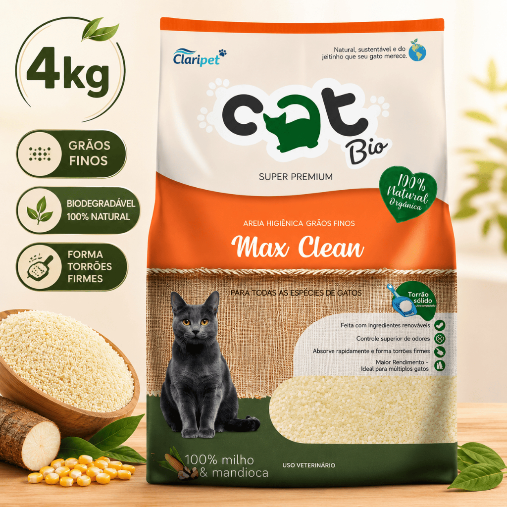 Areia Catbio Biodegradável 4kg Max Clean Grãos Finos Milho e Mandioca para Gatos Higiene Premium Pet