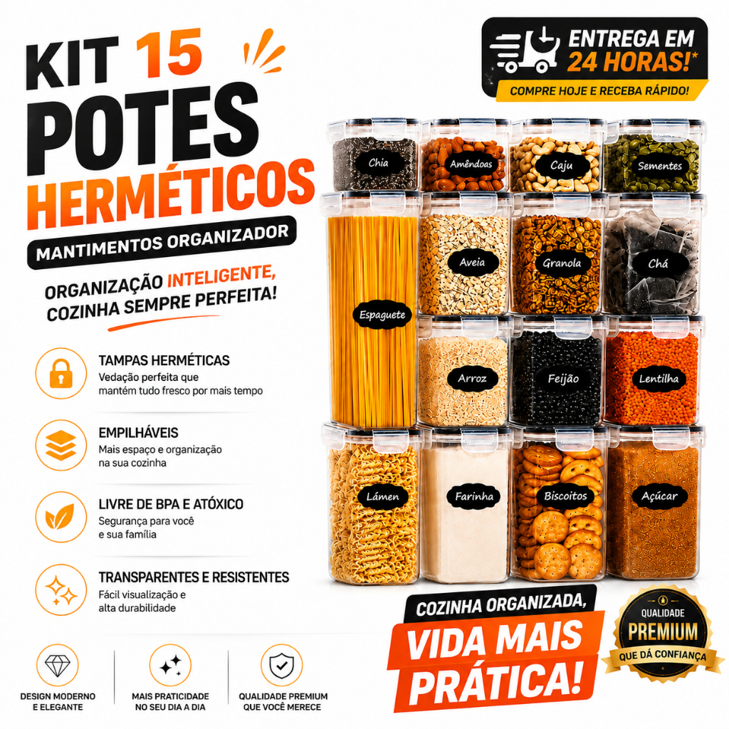 Kit 15 Potes Herméticos Mantimentos Organizador Cozinha BPA Free Empilhável Tampa Vedação Transparente