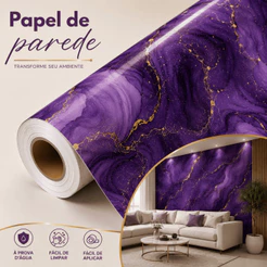 Papel de Parede Adesivo Mármore Roxo Dourado Luxo Lavável Autocolante Fácil Aplicação Sala Quarto Lavabo