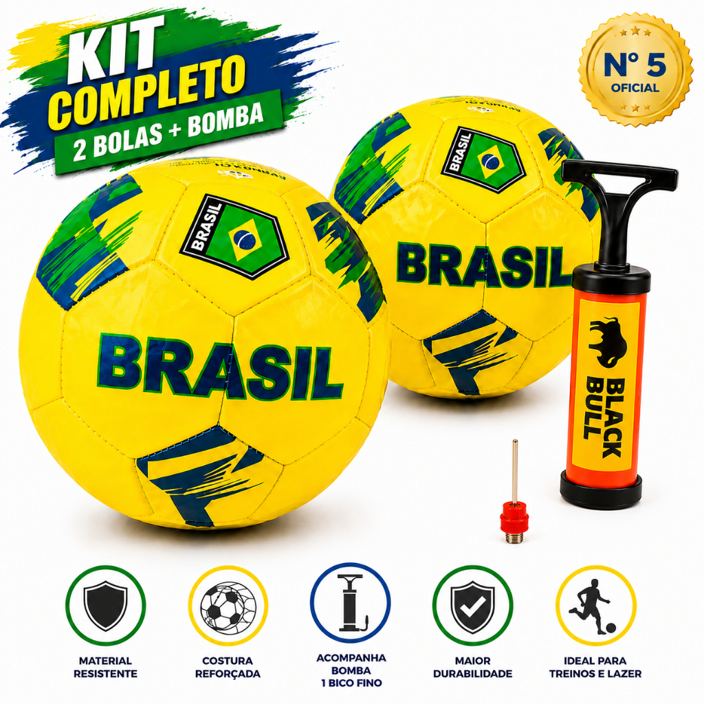 Kit 2 Bolas de Futebol Brasil Nº 5 Oficial + Bomba de Ar Manual Inflador Campo Treino Lazer