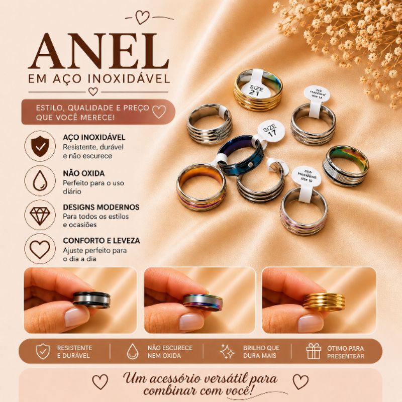 Anel em Aço Inoxidável Feminino Masculino Cores Variadas Antialérgico Resistente