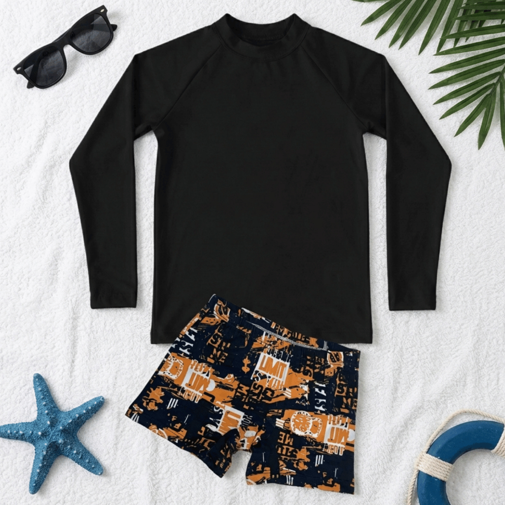 Conjunto Juvenil Menino Blusa Lisa + Sunga Estampada Proteção UV50+ 44-SE