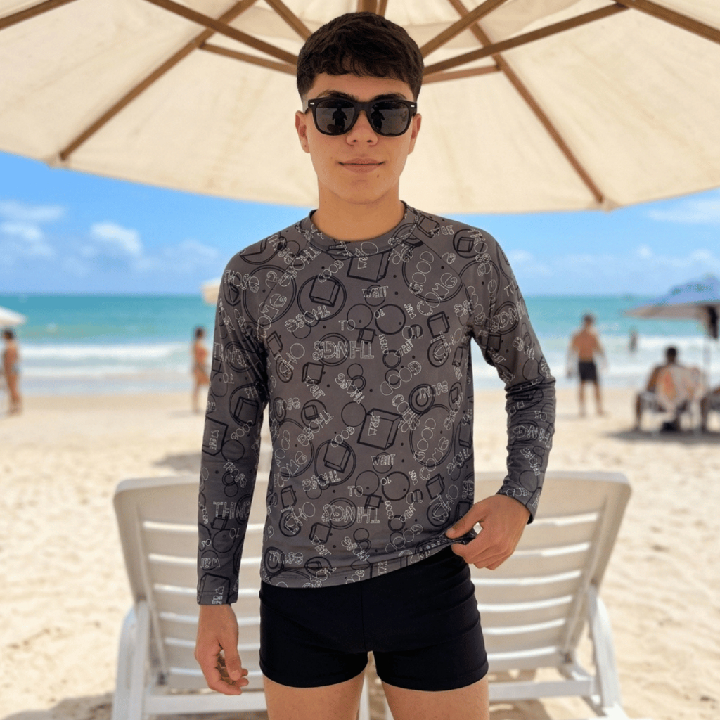 Conjunto de 2 peças Menino Piscina Blusa Estampada + Sunga Lisa Proteção UV50+ 44-BE
