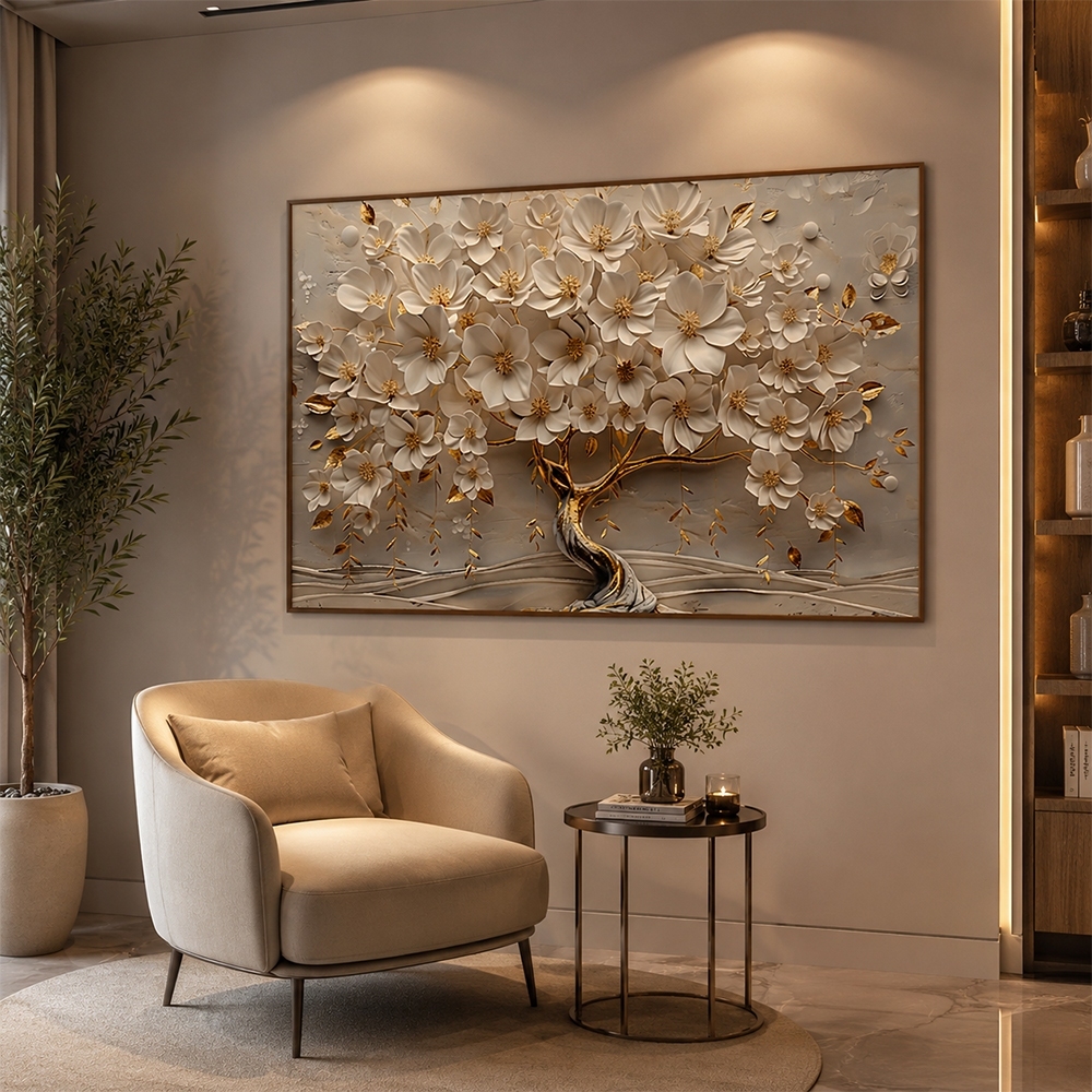 Quadro Grande 120x80cm Árvore Dourada Decorativo Com Moldura Para Sala Quarto Escritório Hall