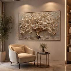 Quadro Grande 120x80cm Árvore Dourada Decorativo Com Moldura Para Sala Quarto Escritório Hall
