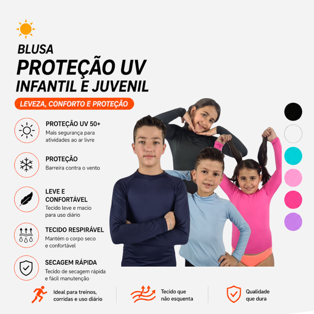 Camisa UV Infantil proteção solar - 2 a 14 anos - Masculino e feminina - Menino e menina  segunda pele- bebe - Blusa UV