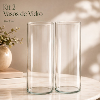Kit 2 Vaso Tubo De Vidro Cilíndrico Transparente Para Flores Arranjos Decoração Mesa Festa Casamento 20x8cm