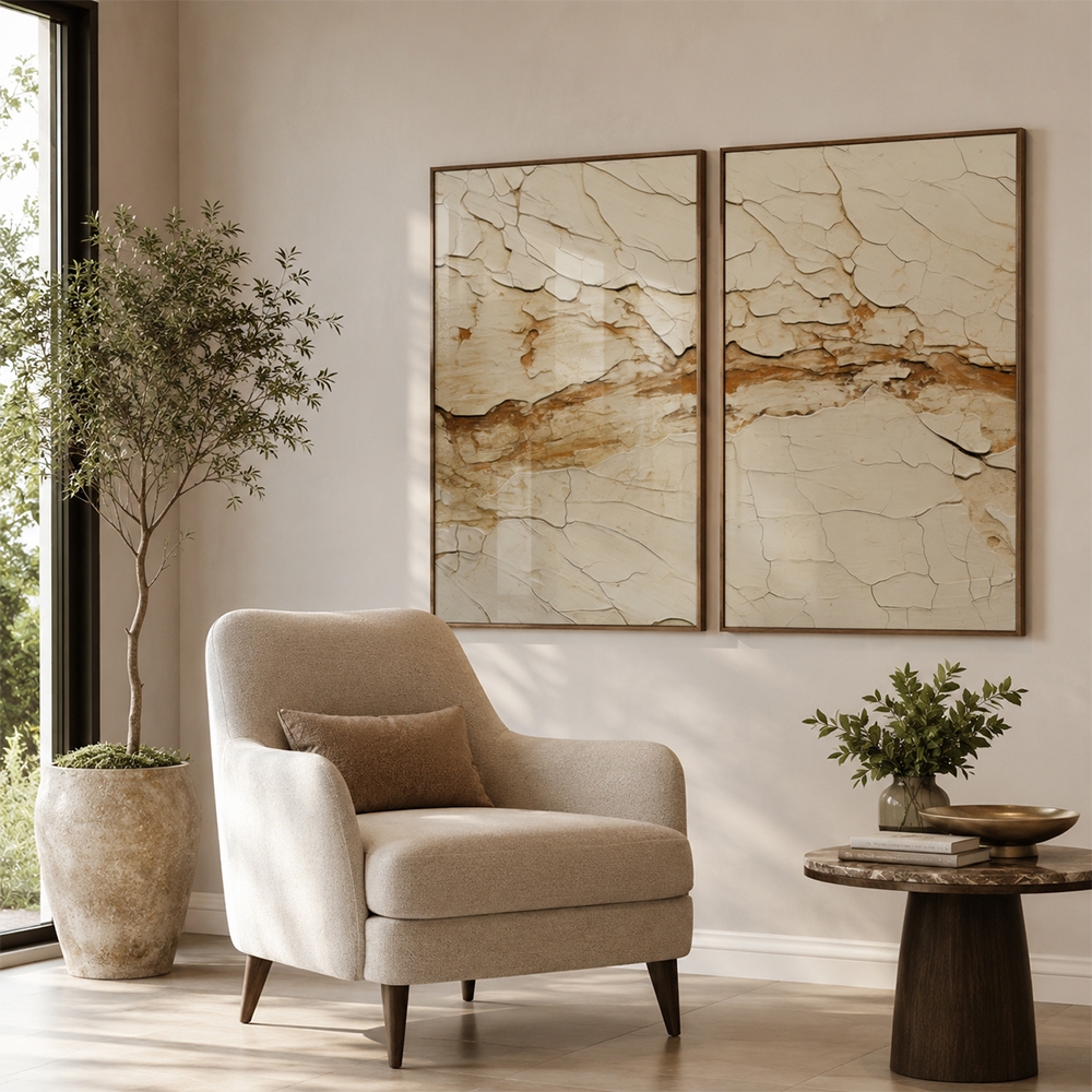 Quadro De Decoração 2 Telas Texturas Abstratas em Tons Terrosos
