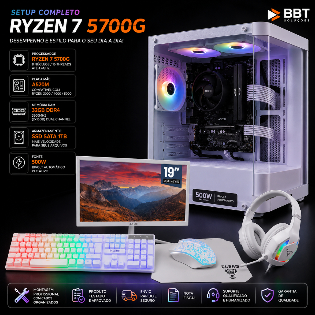 Pc Desktop Gamer Ryzen 7 5700g, Placa mãe A520M, 32gb de Ram, SSD 1tb, Monitor H
