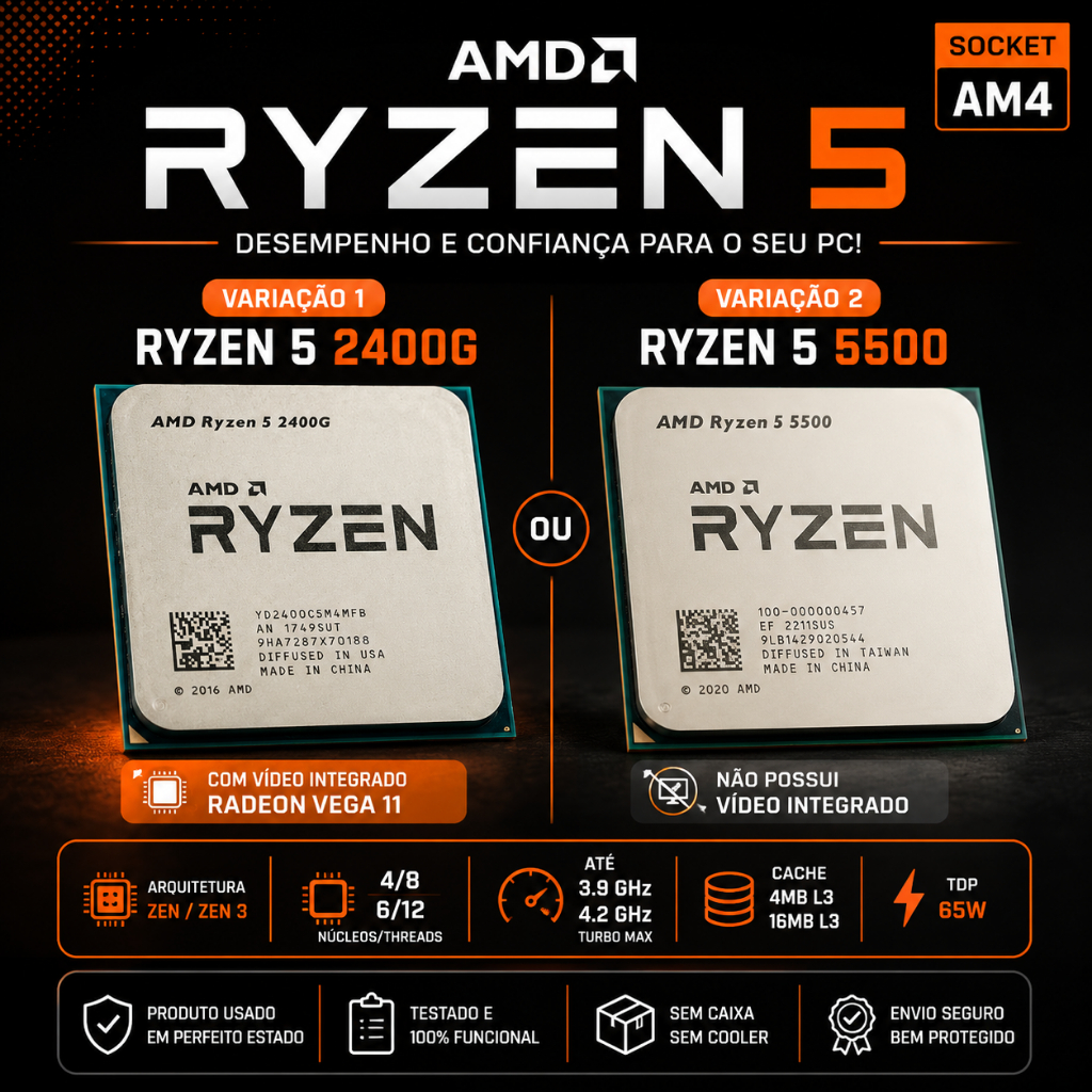 Processador AMD Ryzen 5 2400G / 5500 AM4 4/8 ou 6/12 Núcleos 3.6GHz Usado